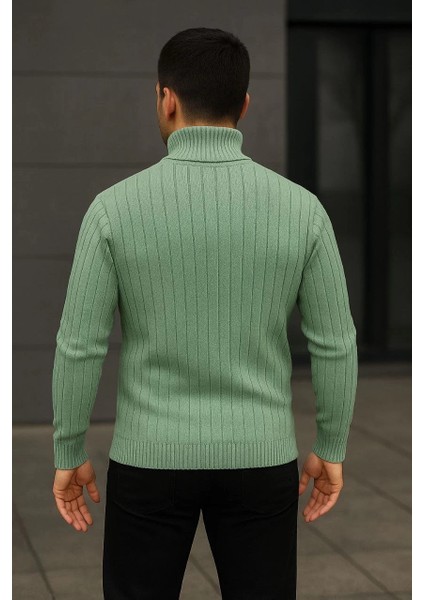 Erkek Balıkcı Yaka Bağazlı Triko Kazak Pamuklu Kalın Fitilli Dokuma, Regular Fit Uzun Kollu Kışlık Model - Mint Yeşili modelleri