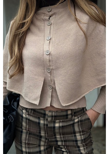 Bej Pelerin Detaylı Triko Hırka - 1317 modelleri