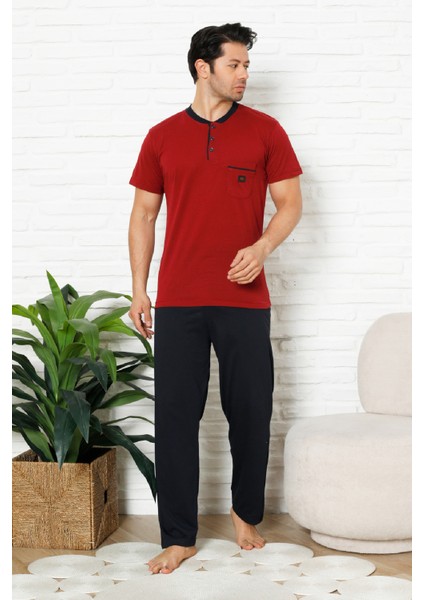 Erkek %100 Pamuklu Pijama Takımı-3 Düğmeli-Yaka Cepli 12384
