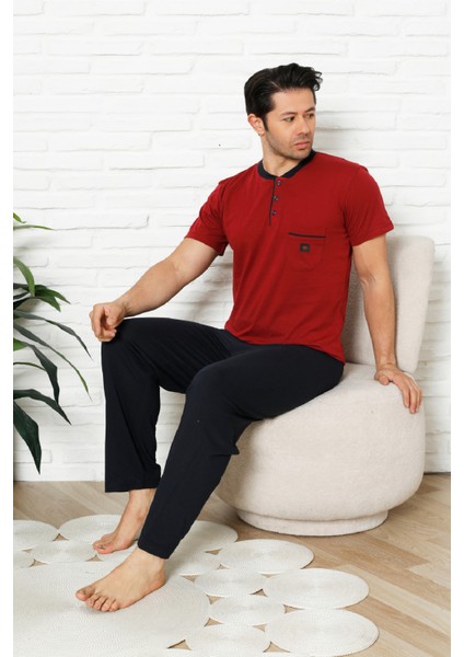 Erkek %100 Pamuklu Pijama Takımı-3 Düğmeli-Yaka Cepli 12384 fiyatları
