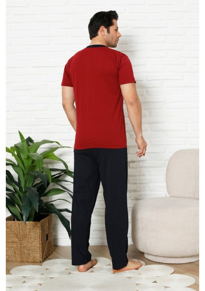 Erkek %100 Pamuklu Pijama Takımı-3 Düğmeli-Yaka Cepli 12384 fırsatları