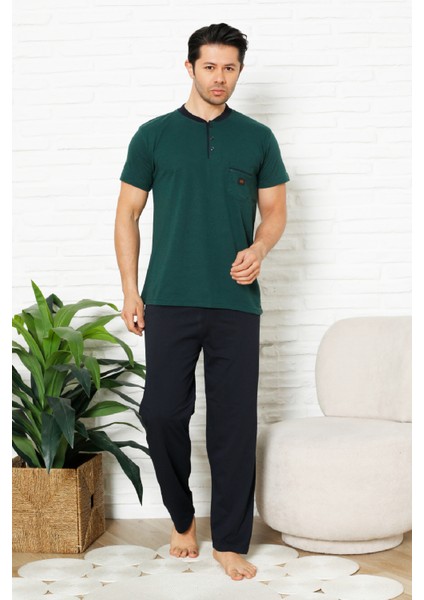 Erkek %100 Pamuklu Pijama Takımı-3 Düğmeli-Yaka Cepli 12384