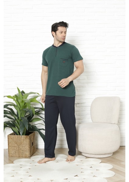 Erkek %100 Pamuklu Pijama Takımı-3 Düğmeli-Yaka Cepli 12384 fırsatları