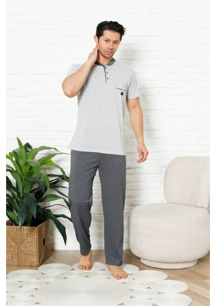 Erkek %100 Pamuklu Pijama Takımı-3 Düğmeli-Yaka Cepli 12384
