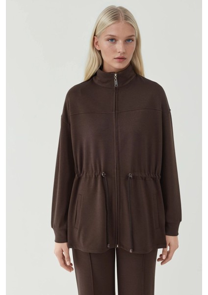 Kadın Modal Touch Beli Ayarlanabilir Uzun Ceket Kahve Kahvesi