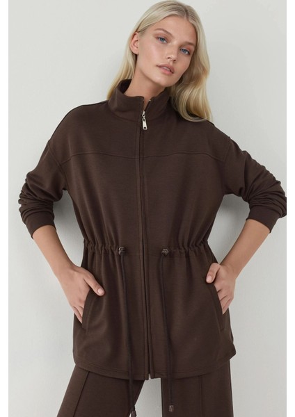 Kadın Modal Touch Beli Ayarlanabilir Uzun Ceket Kahve Kahvesi