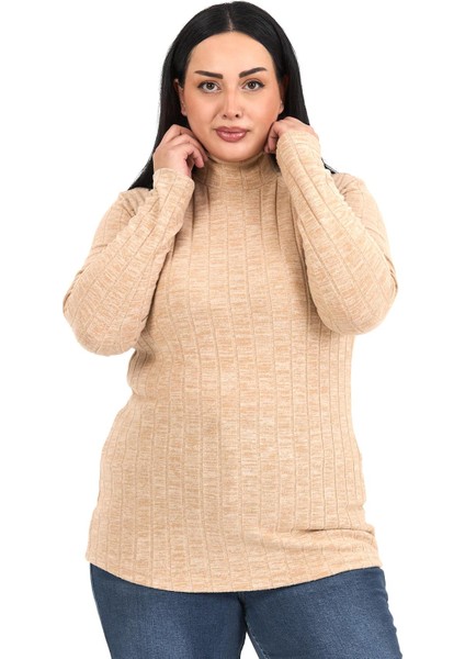 Büyük Beden Yarım Balıkçı Uzun Kollu Triko Çizgili Bej Rengi Body