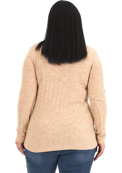 Büyük Beden Yarım Balıkçı Uzun Kollu Triko Çizgili Bej Rengi Body modelleri