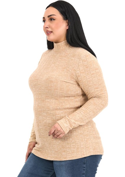 Büyük Beden Yarım Balıkçı Uzun Kollu Triko Çizgili Bej Rengi Body fırsatları