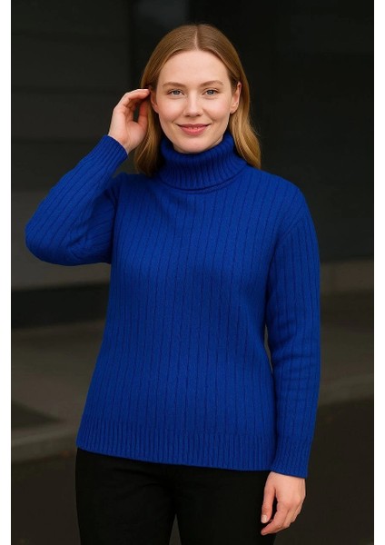 Kadın Balıkcı Yaka Bağazlı Triko Kazak Pamuklu Kalın Fitilli Dokuma - Saks Mavisi