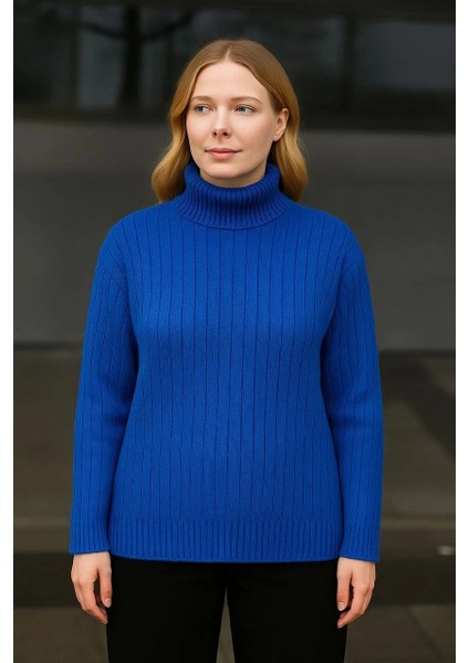 Kadın Balıkcı Yaka Bağazlı Triko Kazak Pamuklu Kalın Fitilli Dokuma - Saks Mavisi modelleri