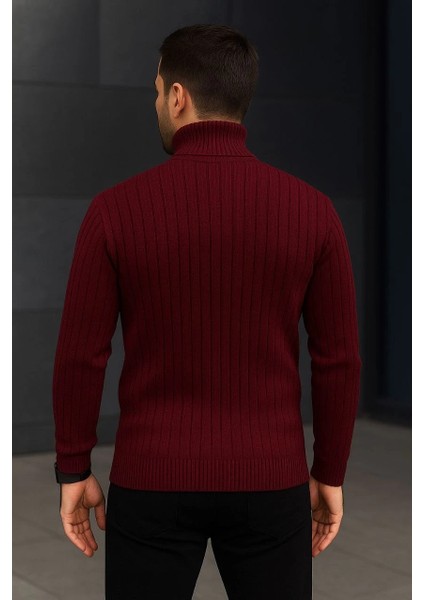 Erkek Balıkcı Yaka Bağazlı Triko Kazak Pamuklu Kalın Fitilli Dokuma, Regular Fit Uzun Kollu Kışlık Model - Bordo fiyatları