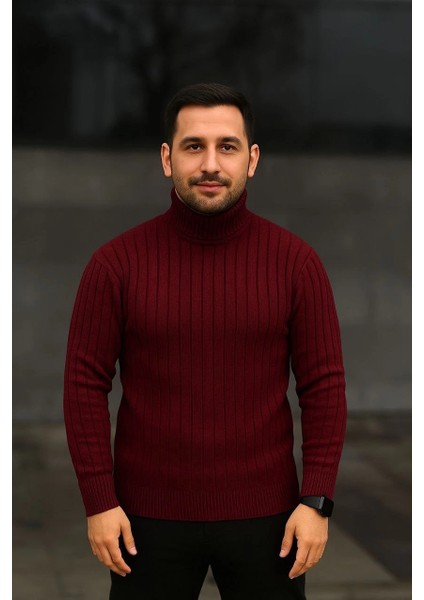 Erkek Balıkcı Yaka Bağazlı Triko Kazak Pamuklu Kalın Fitilli Dokuma, Regular Fit Uzun Kollu Kışlık Model - Bordo fırsatları