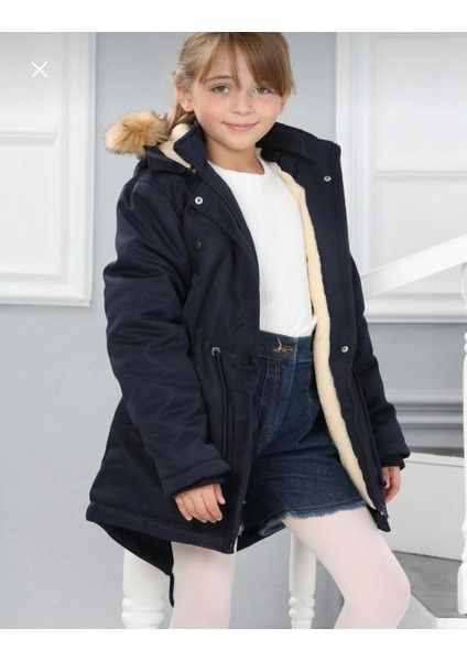Kız Çocuk Su Geçirmez Çıkarılabilir Kapüşonlu Pelüş Kürk Astarlı Uzun Mont Kaban