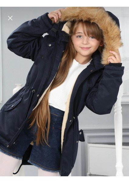 Kız Çocuk Su Geçirmez Çıkarılabilir Kapüşonlu Pelüş Kürk Astarlı Uzun Mont Kaban