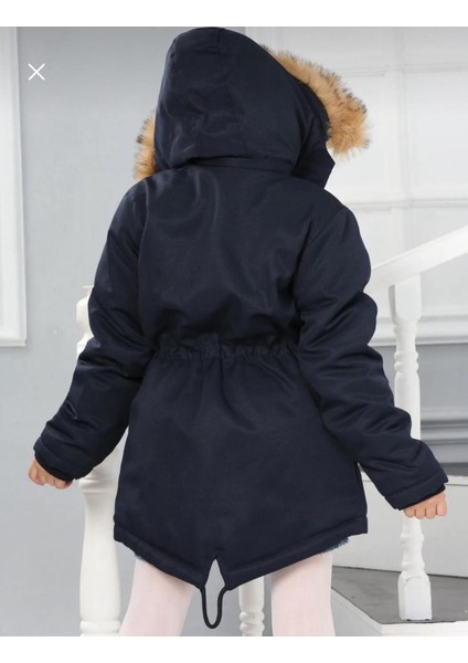Kız Çocuk Su Geçirmez Çıkarılabilir Kapüşonlu Pelüş Kürk Astarlı Uzun Mont Kaban