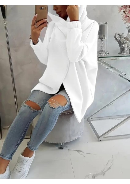 Beyaz Kadın 3 Iplik Şardonlu Kapüşonlu Ceket – Asimetrik Fermuarlı Oversize fiyatları