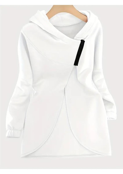 Beyaz Kadın 3 Iplik Şardonlu Kapüşonlu Ceket – Asimetrik Fermuarlı Oversize modelleri