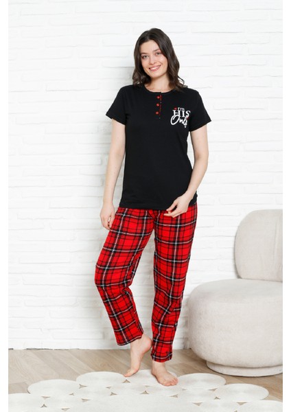 Kadın Pijama Takımı - Ekose Altlı- 3 DÜĞMELI-%100 Pamuklu 12387