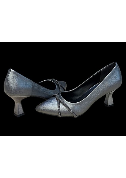 5 cm Kadeh Topuklu Taşlı Platin Renk Bayan Stiletto Ayakkabı