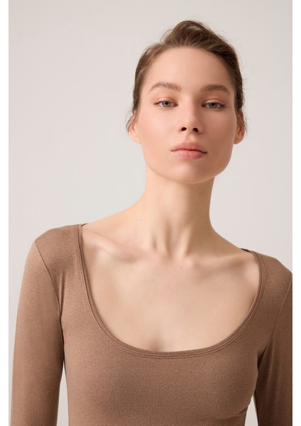 x Ece Mocha Melanj Uzun Kollu U Yaka Spor Bluz Scoop Neck Top fiyatları