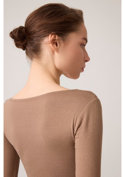 x Ece Mocha Melanj Uzun Kollu U Yaka Spor Bluz Scoop Neck Top modelleri