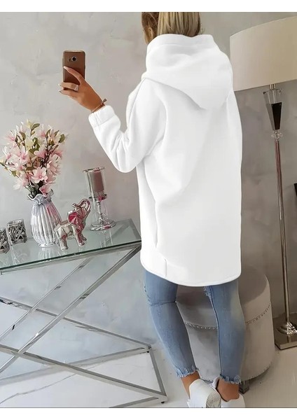 Beyaz Kadın 3 Iplik Şardonlu Kapüşonlu Ceket – Asimetrik Fermuarlı Oversize indirimleri