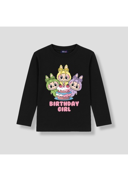 Labubu Birthday Girl Uzun Kollu Baskılı Kız Çocuk Tişört (4-13 Yaş)