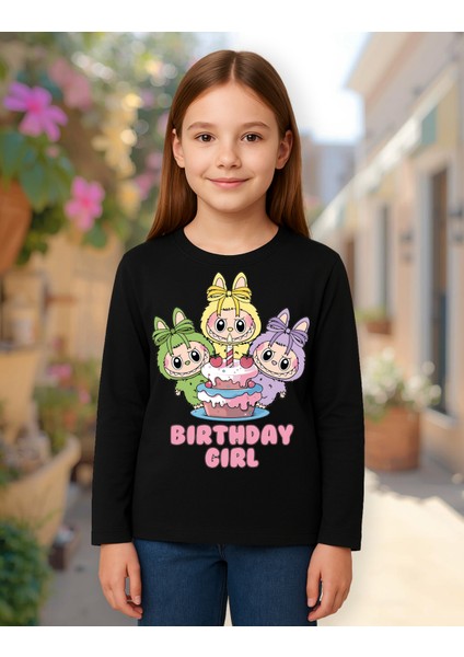 Labubu Birthday Girl Uzun Kollu Baskılı Kız Çocuk Tişört (4-13 Yaş)