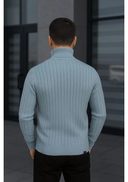 Erkek Balıkcı Yaka Bağazlı Triko Kazak Pamuklu Kalın Fitilli Dokuma, Regular Fit Uzun Kollu Kışlık Model - Bebe Mavisi fiyatları