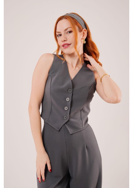 Önü Düğmeli Gri Yelek - L - Gri