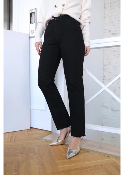 Siyah Mom Fit Jean Strait Pantolon Kesik Paça fırsatları