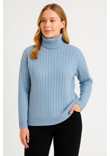 Kadın Balıkcı Yaka Bağazlı Triko Kazak Pamuklu Kalın Fitilli Dokuma - Bebek Mavisi