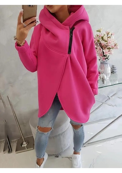 Pembe Kadın 3 Iplik Şardonlu Kapüşonlu Ceket – Asimetrik Fermuarlı Oversize