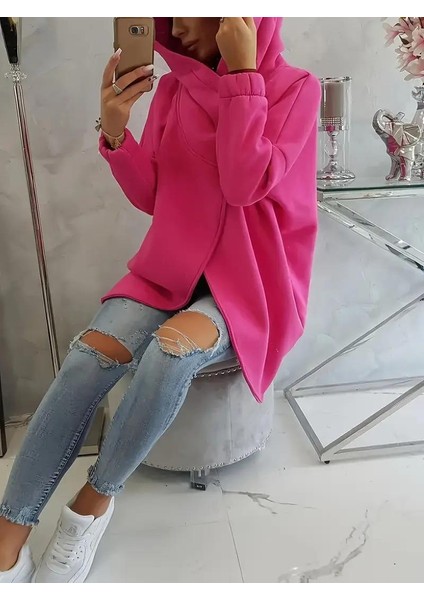 Pembe Kadın 3 Iplik Şardonlu Kapüşonlu Ceket – Asimetrik Fermuarlı Oversize fiyatları