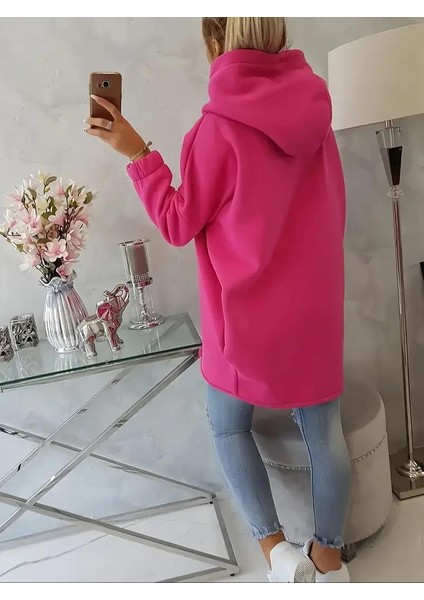 Pembe Kadın 3 Iplik Şardonlu Kapüşonlu Ceket – Asimetrik Fermuarlı Oversize fırsatları