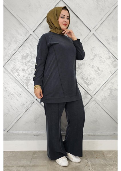 Kadın Nervür Dikim Düğme Detaylı Tesettür Takım