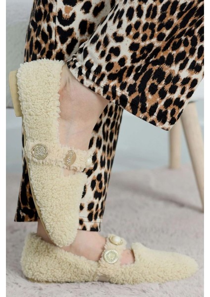 Kadın Inci ve Tuğra Detaylı Peluş Babet - Krem - 39 fiyatları