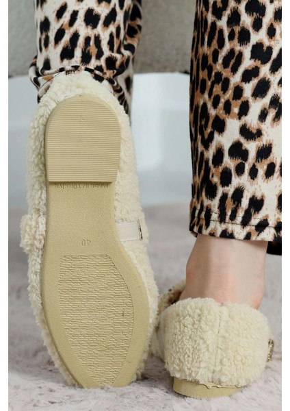 Kadın Inci ve Tuğra Detaylı Peluş Babet - Krem - 39 indirimleri