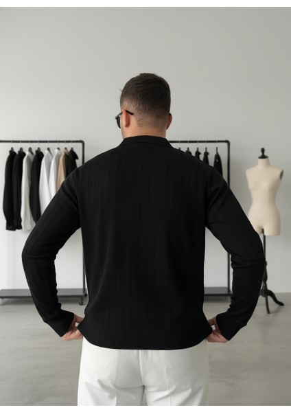 Siyah Yarım Fermuar Polo Yaka Triko Fitilli Kazak modelleri