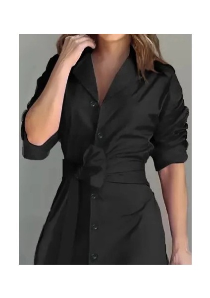 Mdb Kadın Uzun Kollu Eteği Fırfırlı Beli Kuşaklı Trikoton Tam Boy Gömlek Elbise fırsatları