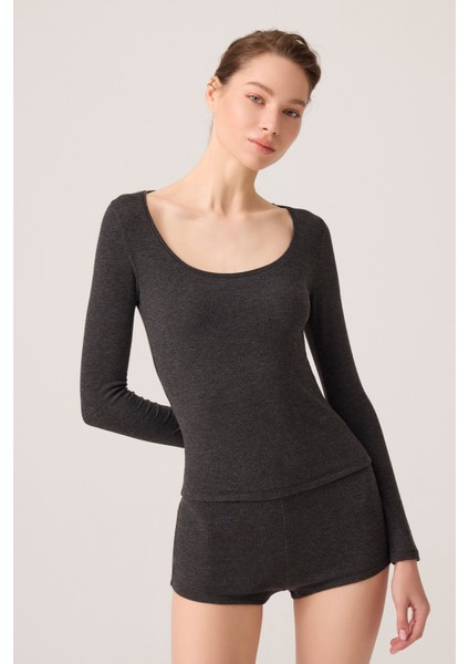 x Ece Antrasit Modal Kumaşlı Uzun Kollu Şortlu Pijama Takımı Ribbed Pj
