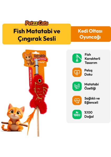 Petzzcats Fish Matatabi ve Çıngırak Sesli Kedi Oltası Oyuncağı Kırmızı 42 cm
