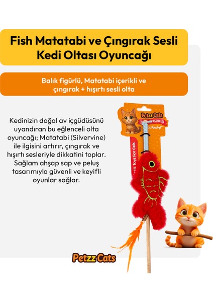 Petzzcats Fish Matatabi ve Çıngırak Sesli Kedi Oltası Oyuncağı Kırmızı 42 cm fiyatları