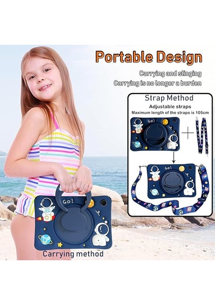 Samsung Galaxy Tab A8 10.5 2021 Standlı ve Boyun Askılı Astronot Astrobuddy Çocuk Tablet Kılıf X200 modelleri