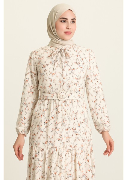Tesettür Mini Çiçekli Kemerli Kloş Elbise