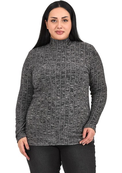 Büyük Beden Yarım Balıkçı Uzun Kollu Triko Çizgili Siyah Body