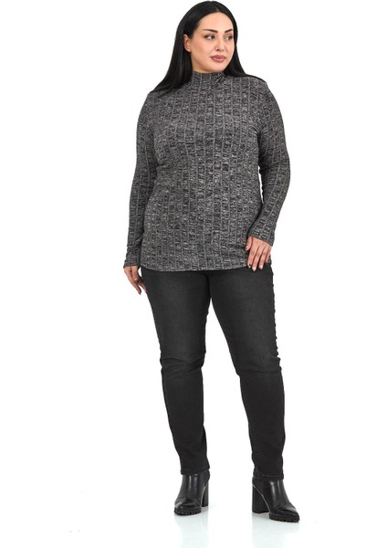 Büyük Beden Yarım Balıkçı Uzun Kollu Triko Çizgili Siyah Body fiyatları