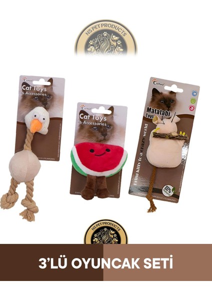 Catnipli Peluş Tavuk-Catnipli Hışırtılı Peluş Karpuz-Matatabili Peluş Fare Oyuncak 3'lü Set