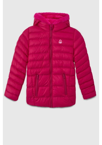 Kız Çocuk 4-14 Yaş Peluş Kapüşonlu Mont Fuşya